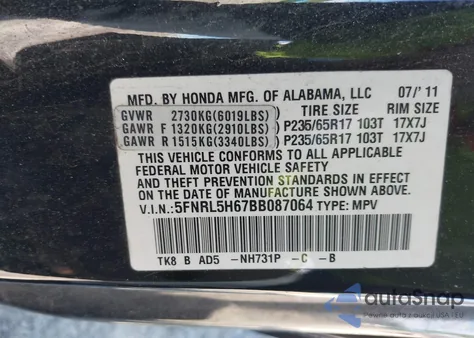 2011 Honda Odyssey Ex-L из США, поврежденный, VIN 5FNRL5H67BB087064